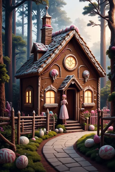 A surreal 8K photorealistic recreation of Hansel and Gretel's gingerbread house in the dark and foreboding forest. Walls made of...