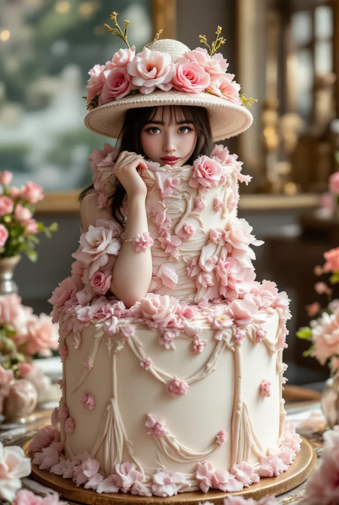 a hyper-realistic full-body scene of a breathtaking woman emerging gracefully from a gigantic wedding cake, her lower half mergi...