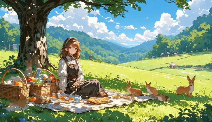anime style, medium shot, cute fantasy village girl, wearing a rustic medieval dress and apron, teeth、sitting on a picnic blanke...