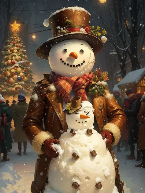 A painting of a snowman wearing a hat and jacket standing in the snow, by Itshak Holtz, author：Brian Thomas, ( ( thomas kinkade ...