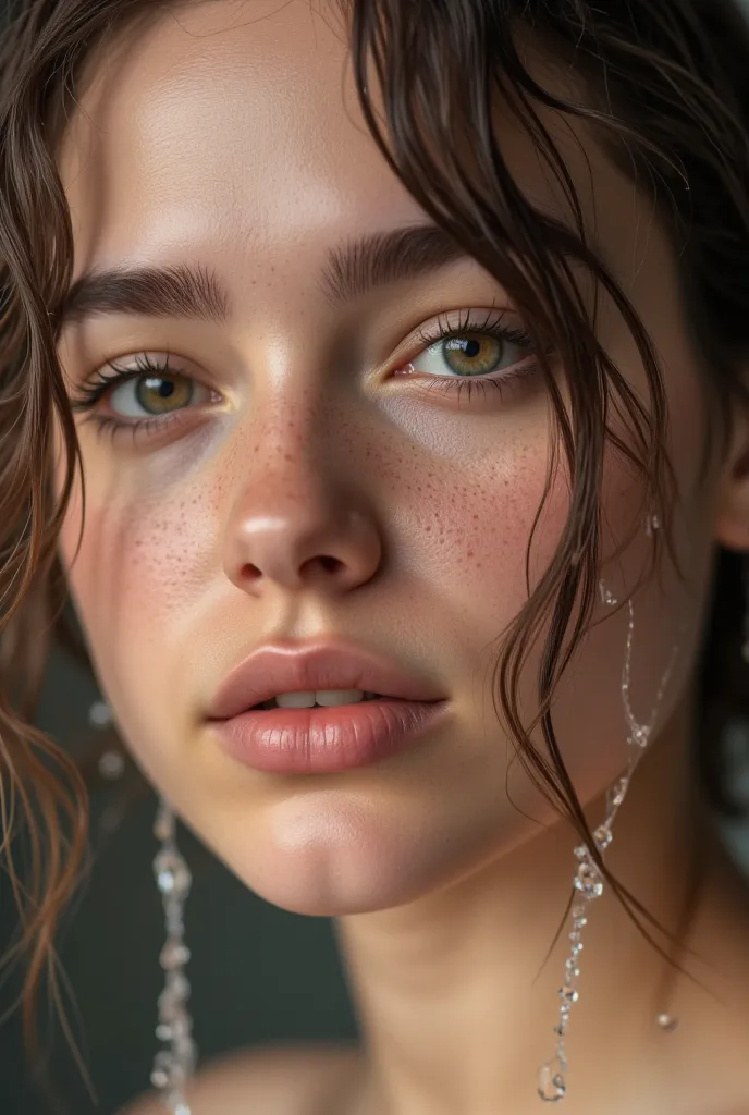  close up candid photo, CamilaLane, detailed face. wet hair,[damp hair,humid hair,wet hair,dank hair,uncooked hair,sodden hair,h...