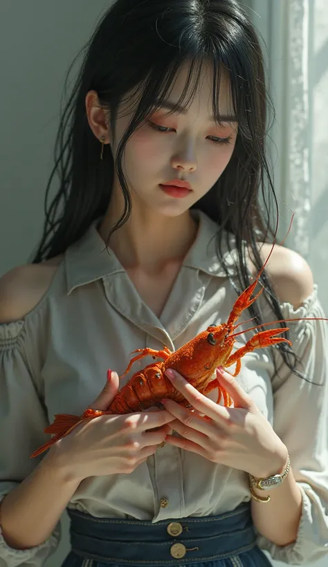 Naked Chinese schoolgirl high beautiful skinny girl squeezes her chest with crayfish and her hair is long