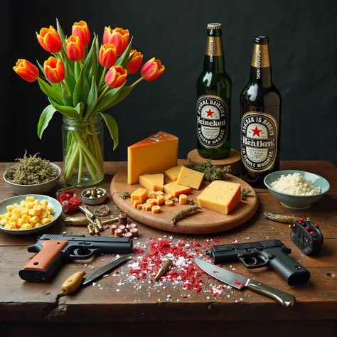 A table full of typical dutch things like tulips, cheese, liquorice, Heineken beer, cocaine, knifes, guns, bullets, heroïne, xtc...