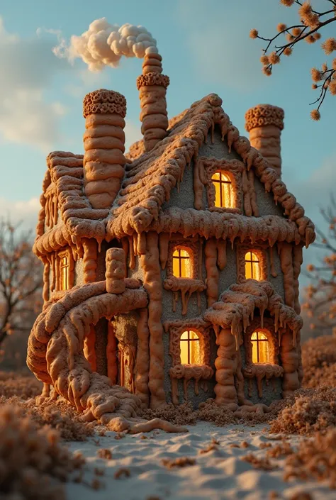 Create a cinematic video of a whimsical, surreal house built entirely from giant churros — a mix of classic golden churros duste...