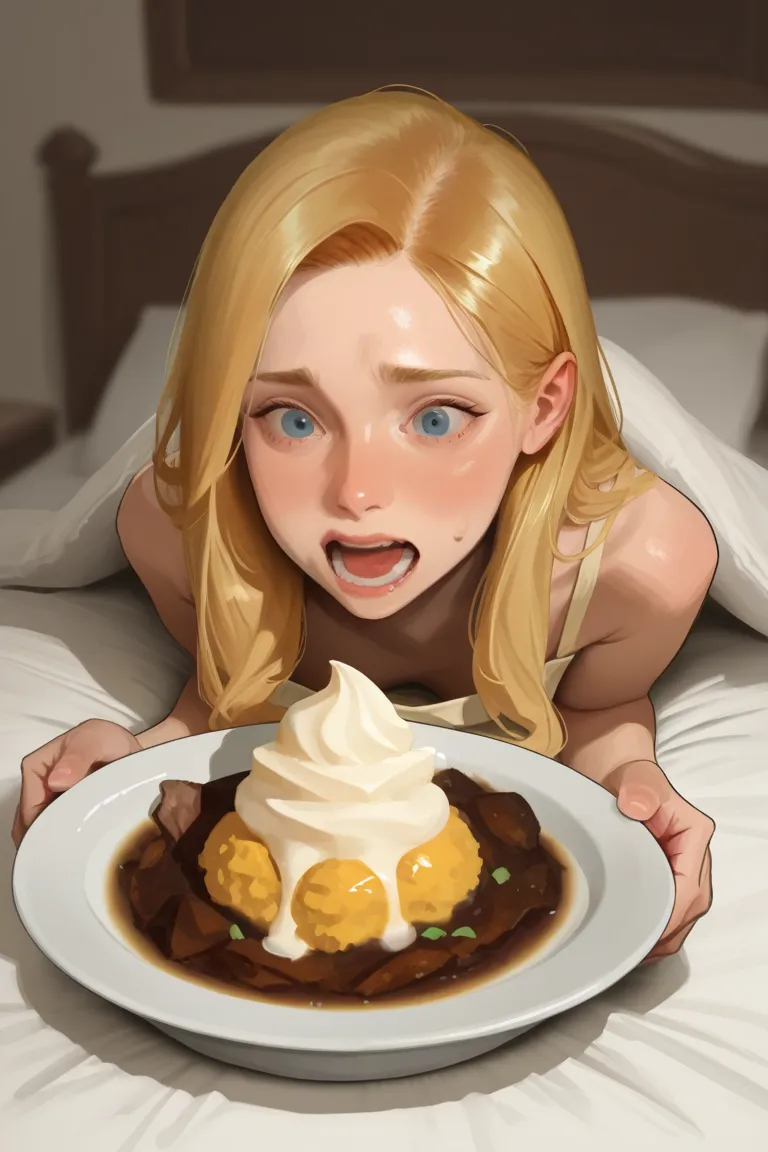 Thick blonde girl, nuda, inside a plate that is served on a bed, inside a plate there is food. Meanwhile, the girl eats ice crea...
