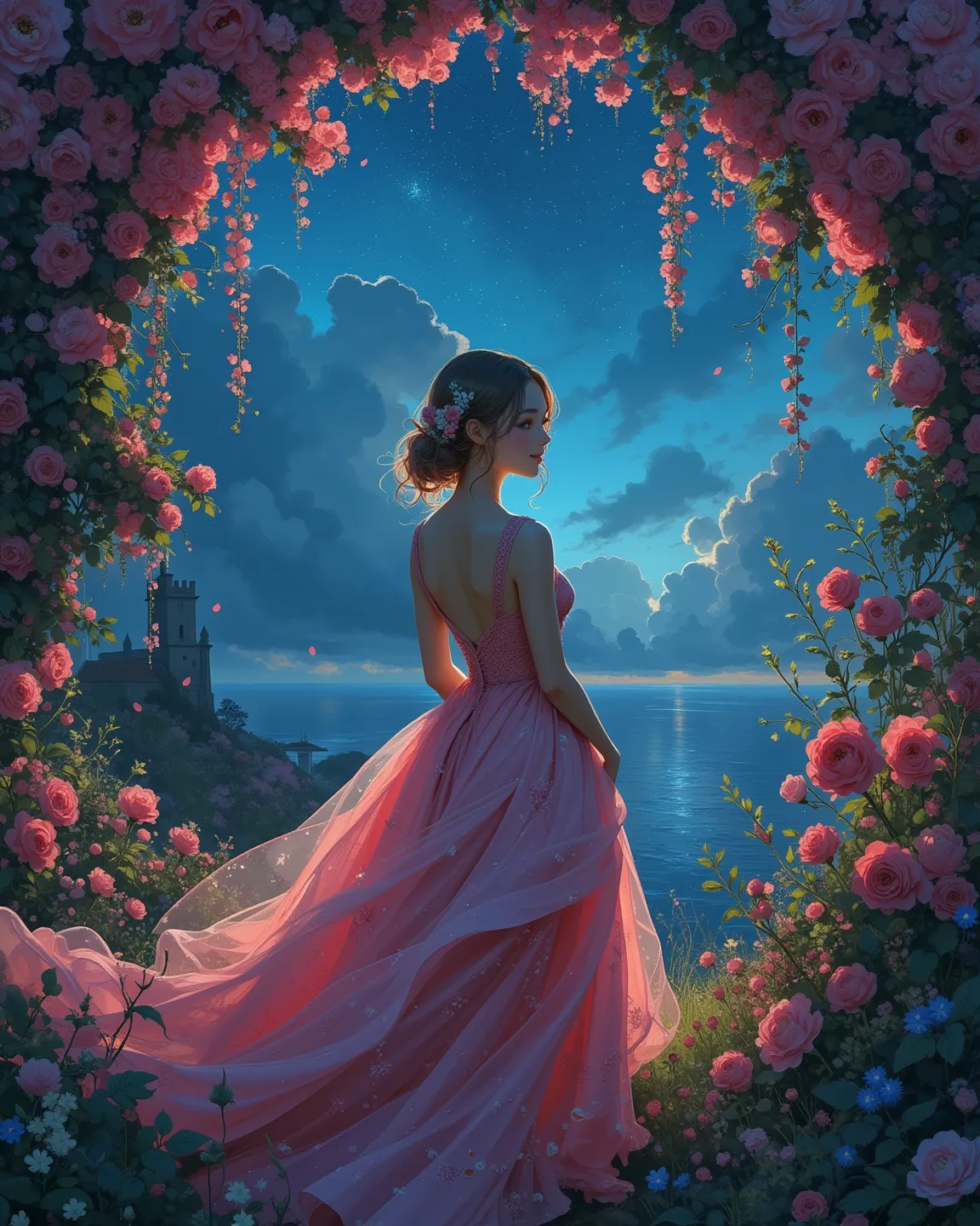 Let's go to a world of dreams with the secrets hidden in a garden with beautiful flowers blooming in the sky on a starry night,A...