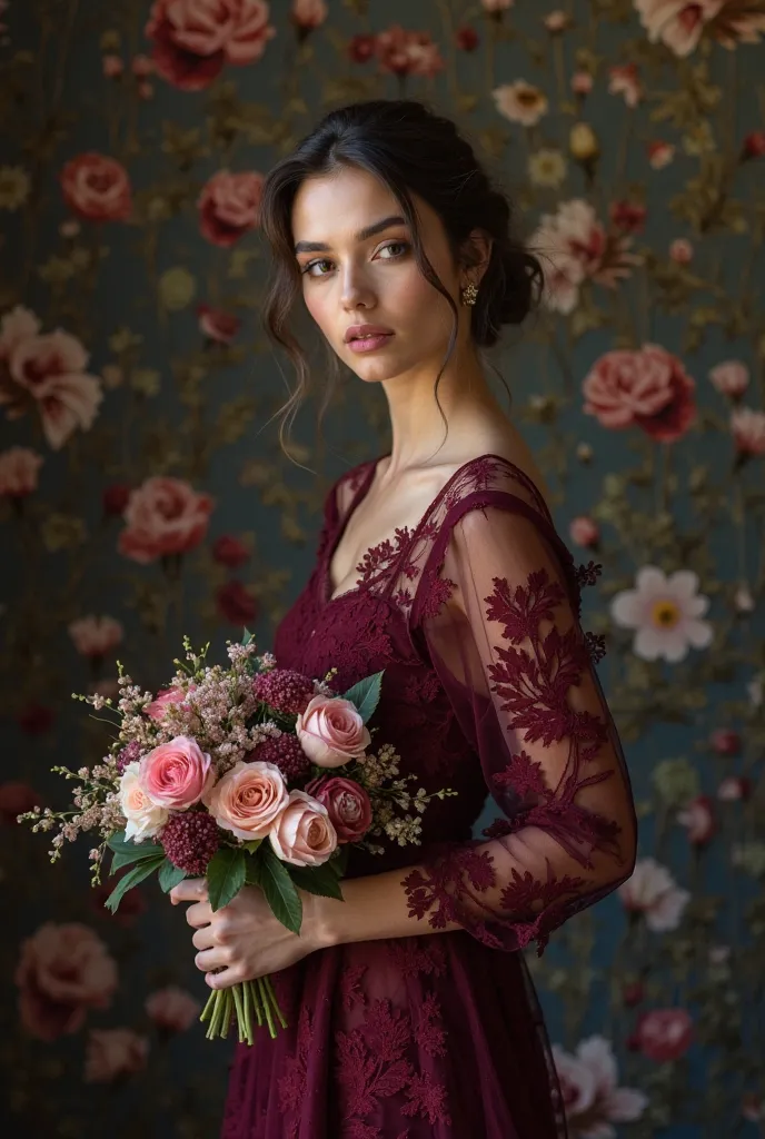            A beautiful fair skinned model , fashion editorial portrait in a studio ,natural makeup and dark hair up,.glowing ski...