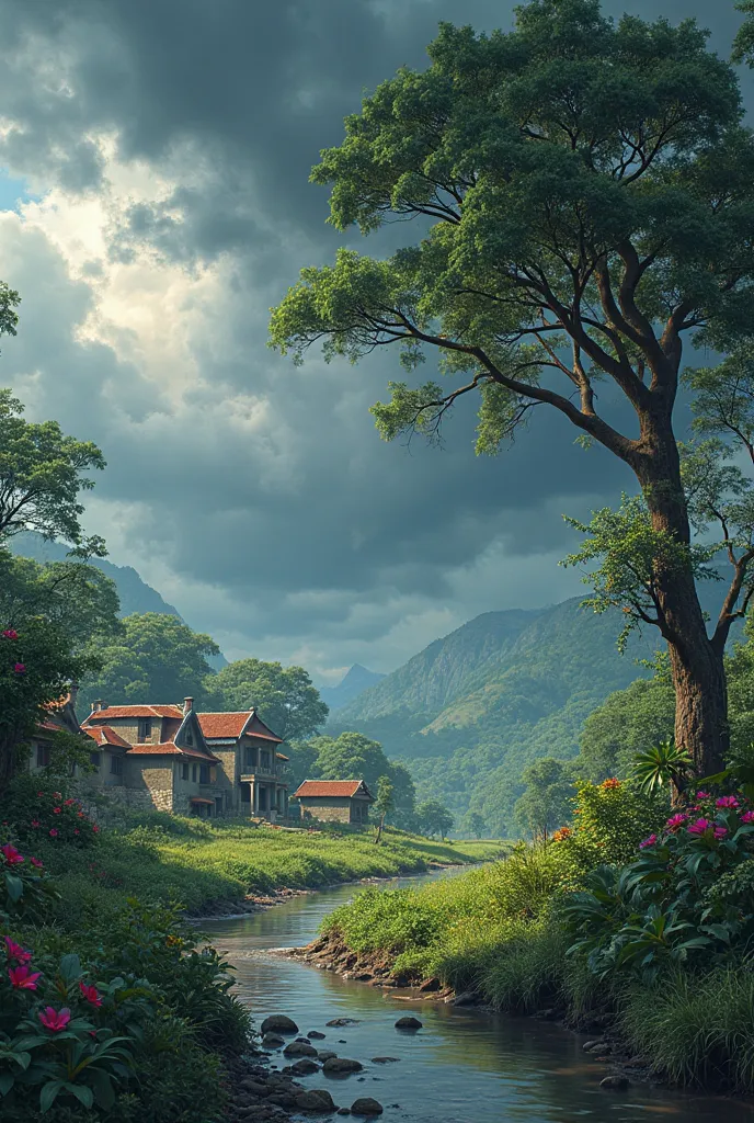 Indian village, a lot of greenery, stormy weather, small water creek in the background on the left side, a big tree with flowers...