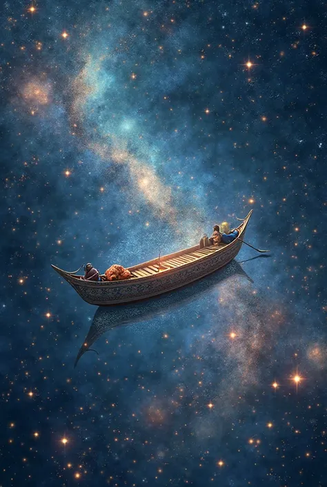 “Traditional Bengali boat floating in a starry galaxy instead of a river, symbolizing dream and heritage”