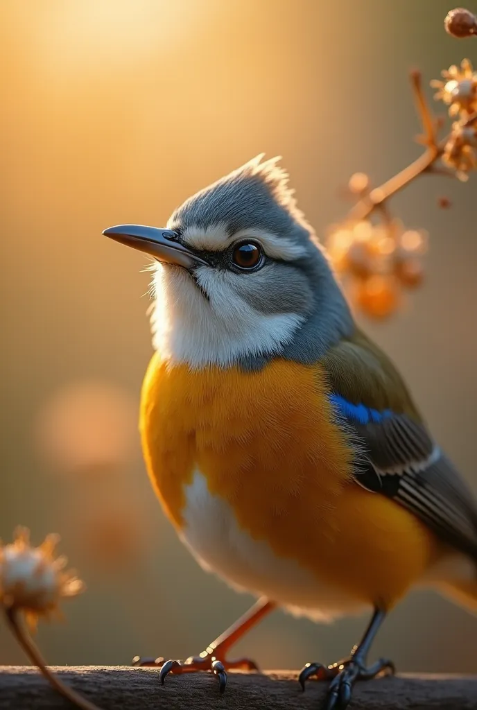 A mesmerizing close-up portrait of a gorgeous little bird illuminated by the soft, golden light of a tranquil morning, with vibr...