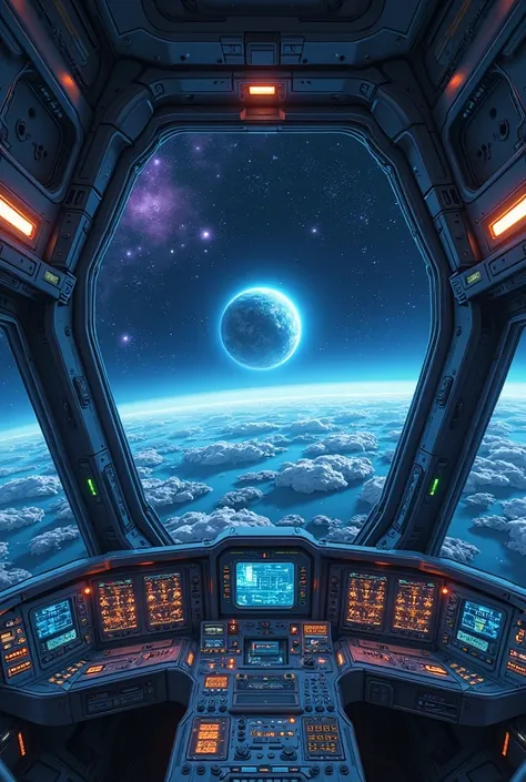 Anime style, first-person view from a spaceship cockpit. The foreground features a detailed control panel with numerous glowing ...