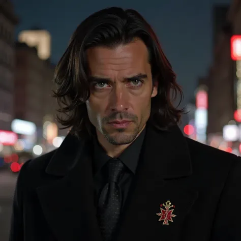 Man about 35 years old, de origem francesa, muito forte, Suit, olhos azuis,  look sad and tired , long hair with mullet,   weari...