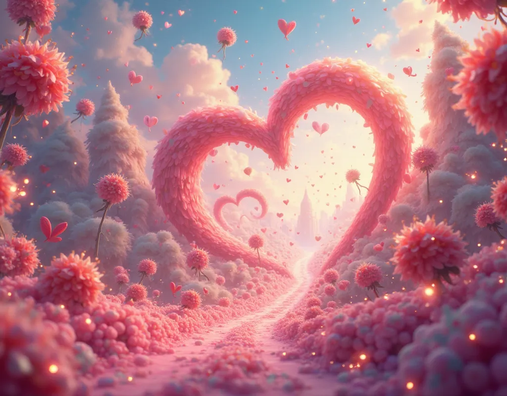 Vibrant and colorful parade flowing through a whimsical heart-shaped landscape, filled with joyful floating ribbons, glowing lan...