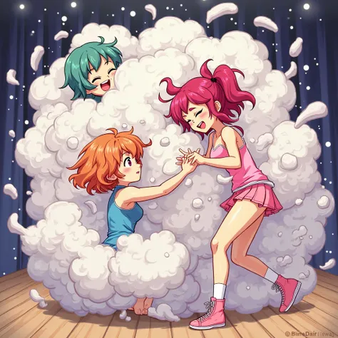An anime-style illustration depicting many dancergirls playfully wrestling with each other inside a stage comical fight cloud.
e...
