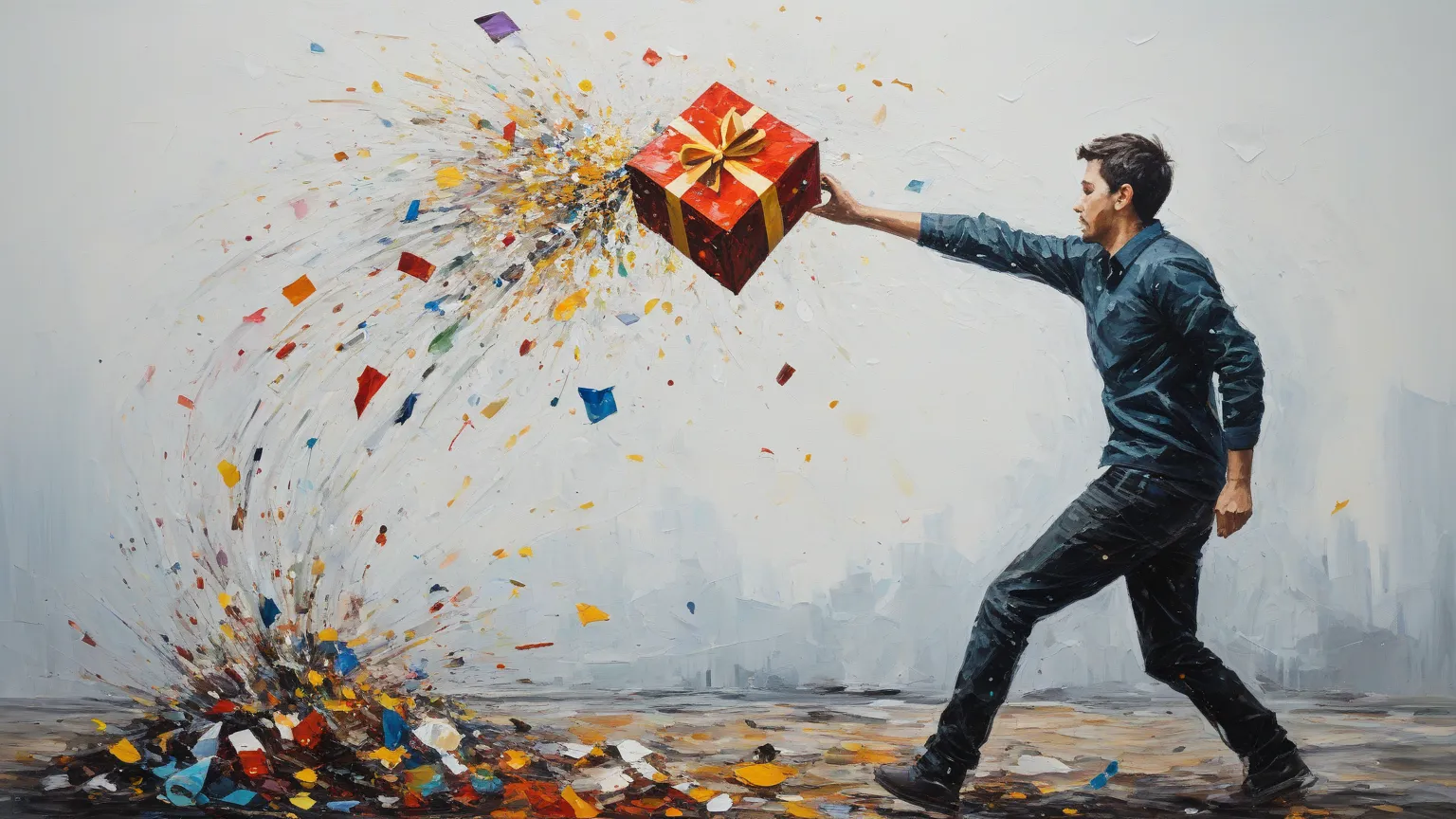 A person throwing away a gift that once meant everything, oil painting and abstract 2D