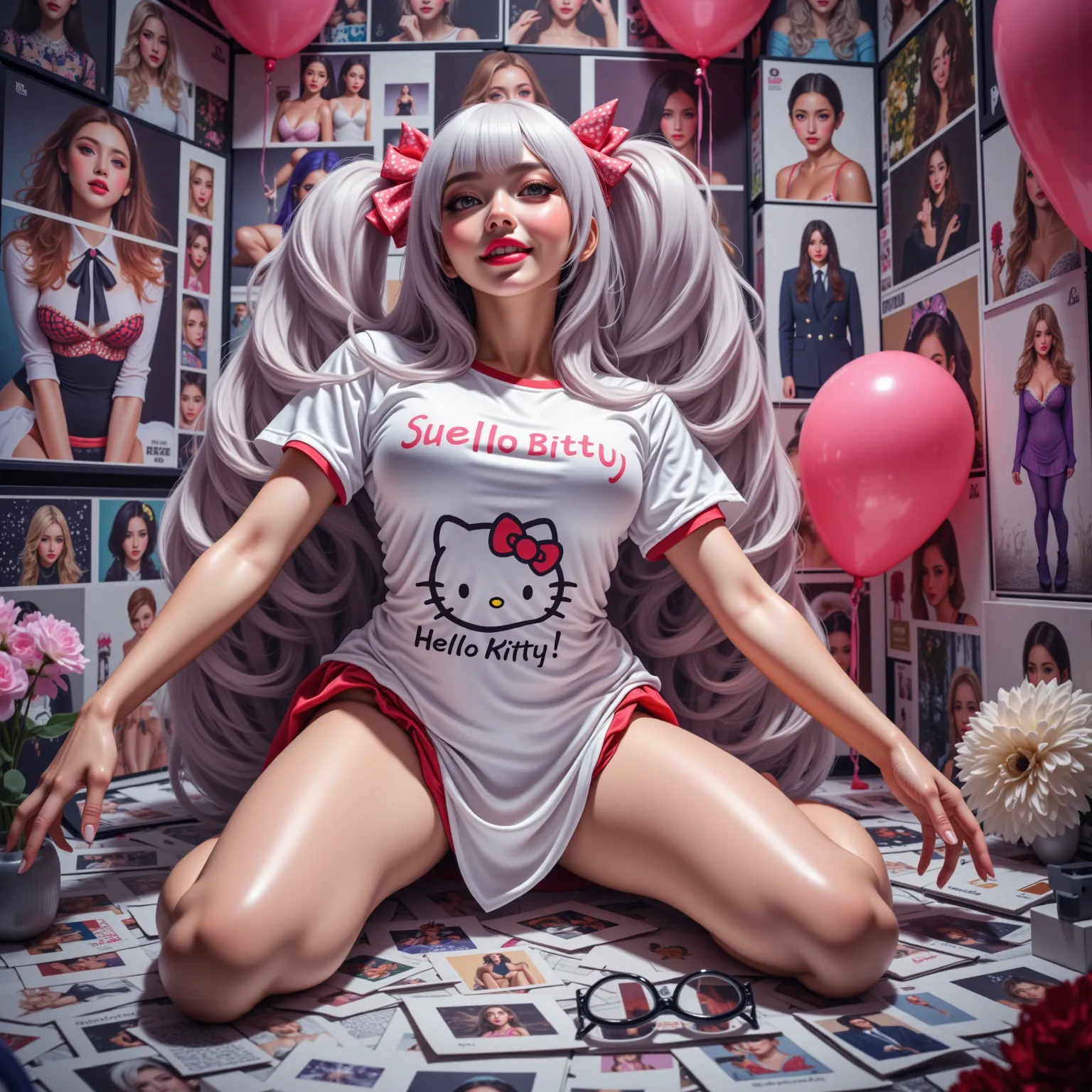 LifeLike Panoramic Live-Action of ExtremelyDetailed A GiganticBusty Stunning Cuteloli in white T-shirtDress with HelloKittys, Pr...