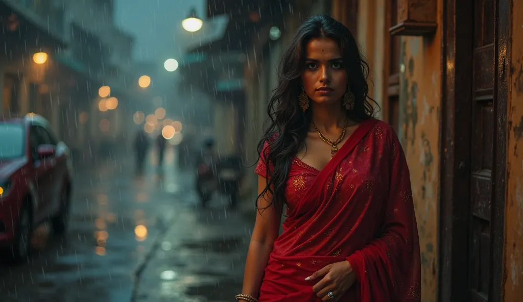 32 year old Indian woman is standing near the door of a building and is looking very sexy at night and raining wearing a red sar...