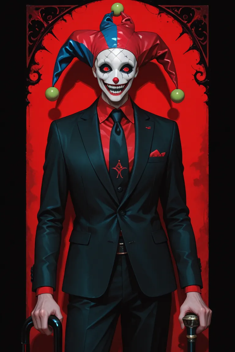 a skinny man with a cane, dressed in an expensive black and red business suit with elements of a jester's outfit, jester mask wi...