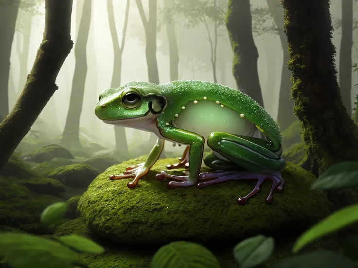 A delicate glass frog sitting quietly on a mossy rock in a misty forest at dawn. The frog is fully transparent like clear crysta...