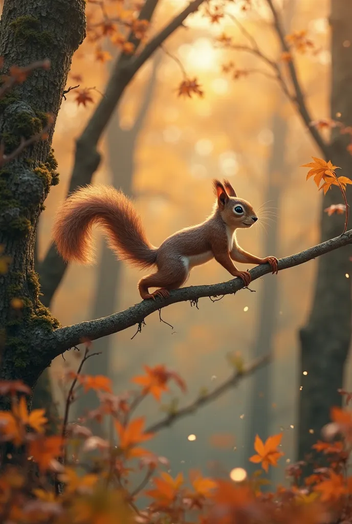 A squirrel jumping across branches in an autumn forest