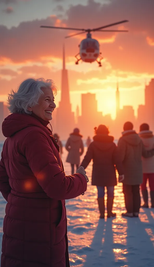 HD image of grandma smiling while passengers get down from the ice helicopter . Everyone looks happy. City buildings and sunset ...