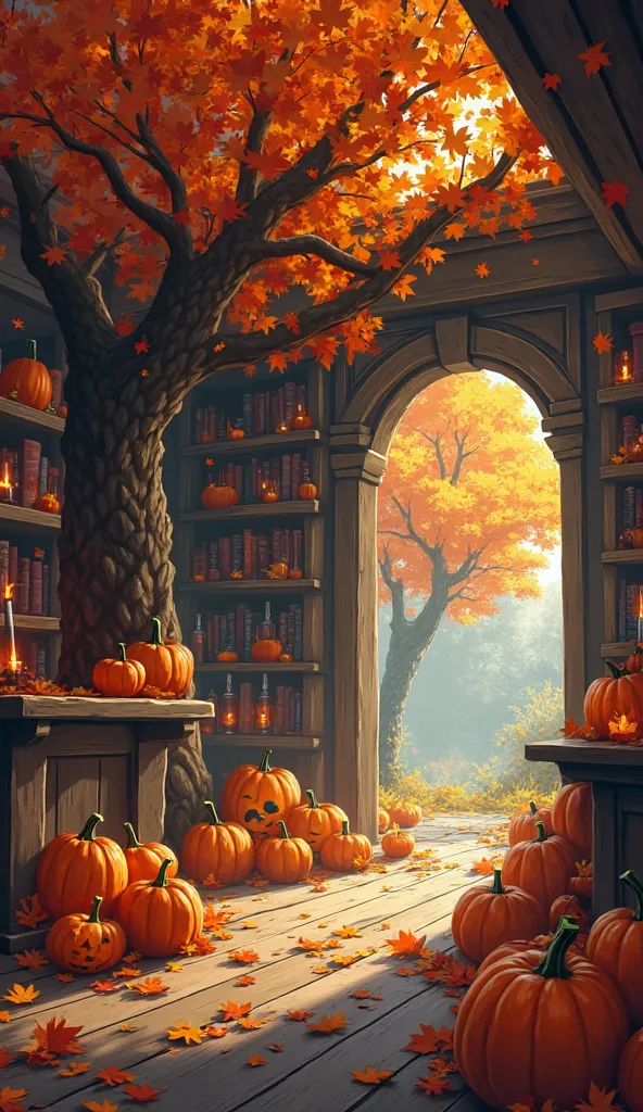 there is a room with a tree and a lot of pumpkins, 🍁 cute, halloween atmosphere, 🍂 cute, halloween scene, background art, in a p...