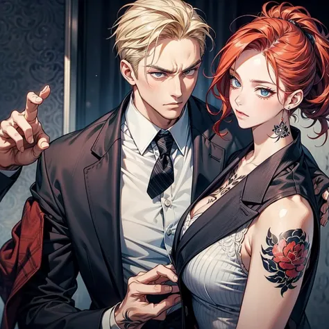 mafia boss, male with red hair and blue eyes, tattoos, yakuza, guns, mafia, cool, hot, sexy, suit and tie, couple, female with b...