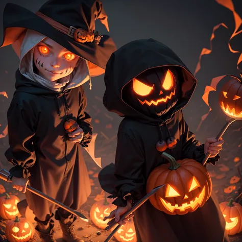 Halloween cartoon, cute pumpkin head, glowing eyes, wearing scare crow outfit, holding digging fork, black smoke Halloween backg...