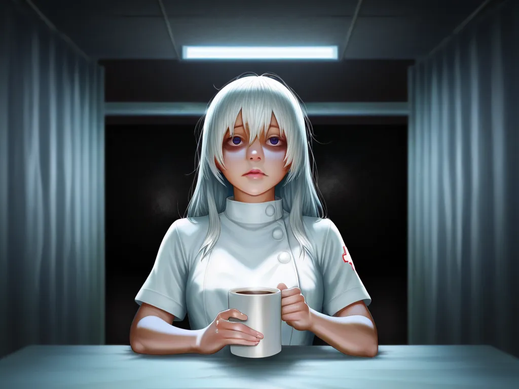 A tired Japanese nurse in her 20s, wearing a slightly wrinkled white uniform, sitting in a hospital break room late at night. Sh...