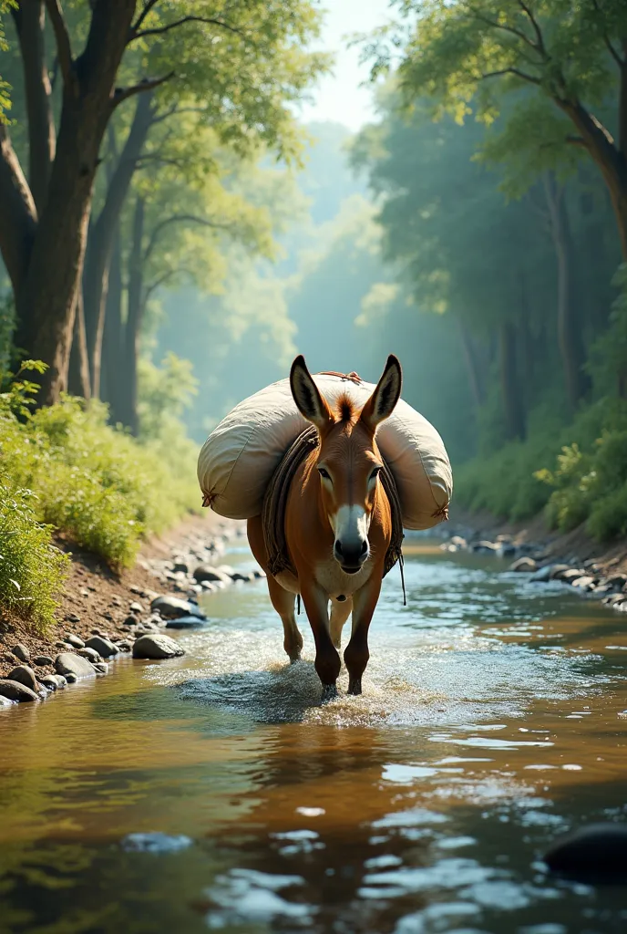 A donkey with salt sacks crossing a shallow river, forest path, sunny background