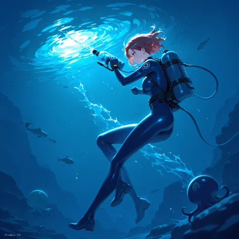 Milf in a diving suit fighting with a squid or octopus