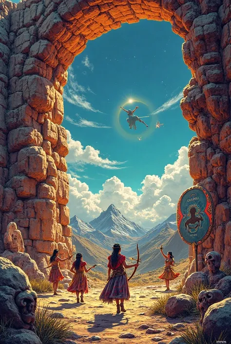 Epic battle at the 'Viachaña Sun Gate': Melissa  (Aymara warrior woman) shooting a bright Kantuta arrow with his wooden bow, Edd...