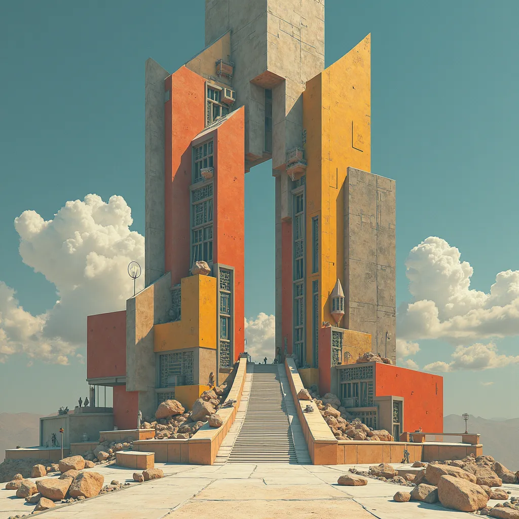a cubist construction breaking the skies, uniting heaven and earth