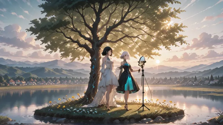 A girl standing on a lake, white hair, wearing something fantasy dress, having mic and mic stand in the middle, foggy weather, s...
