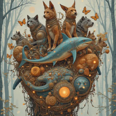 An image of a wolf's paw print surrounded by lots of animals : a shark sitting on the pack at his side, a cat on his left and 1 ...
