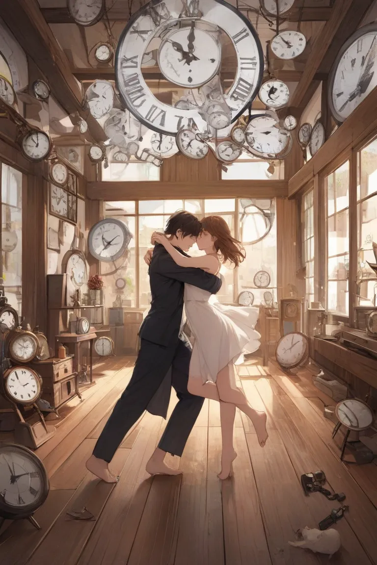 A couple dancing barefoot on a wooden floor, surrounded by clocks, time paused.

