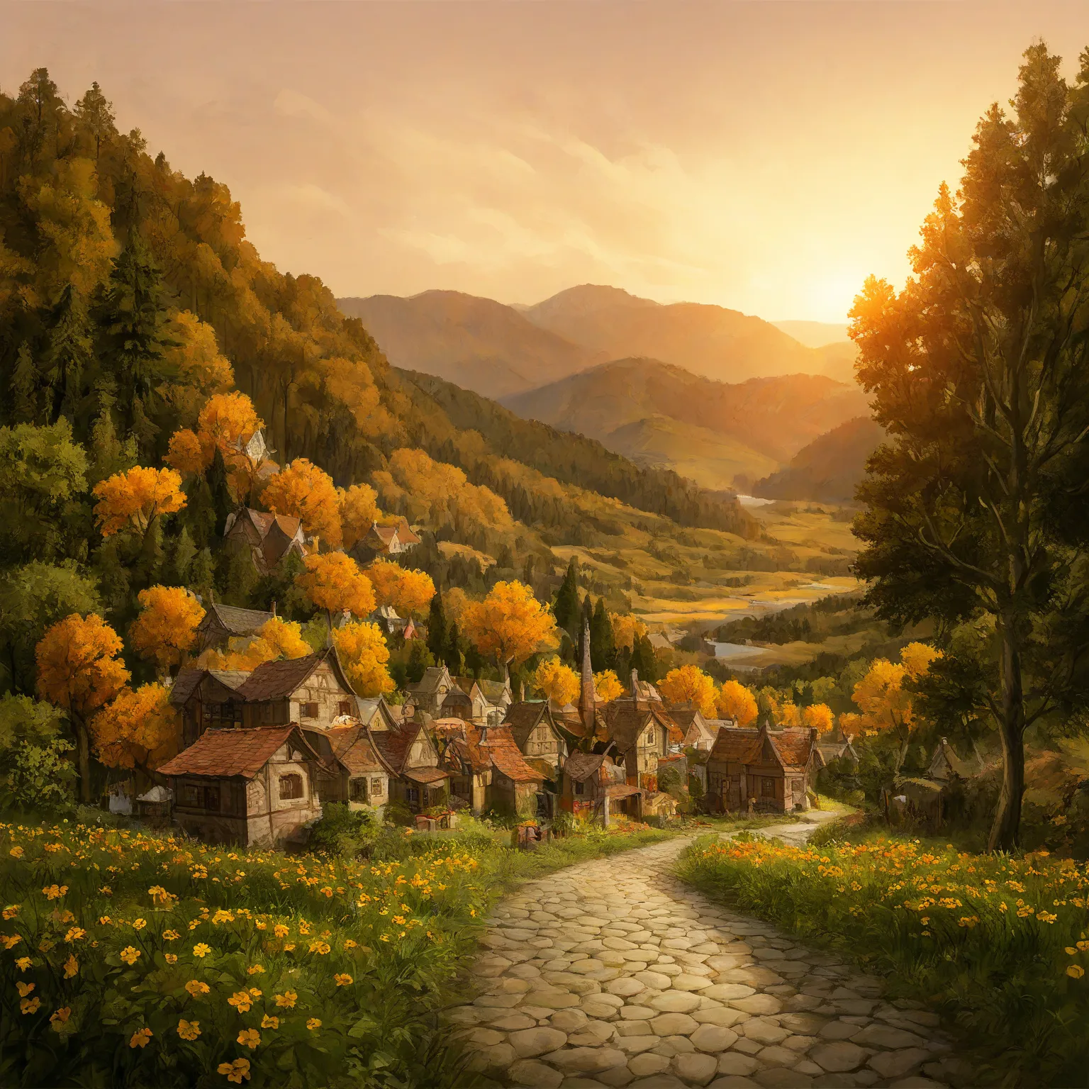 a small village by the river, mountains in the background, floral flowers colorful, detailed landscape, Beautiful natural landsc...
