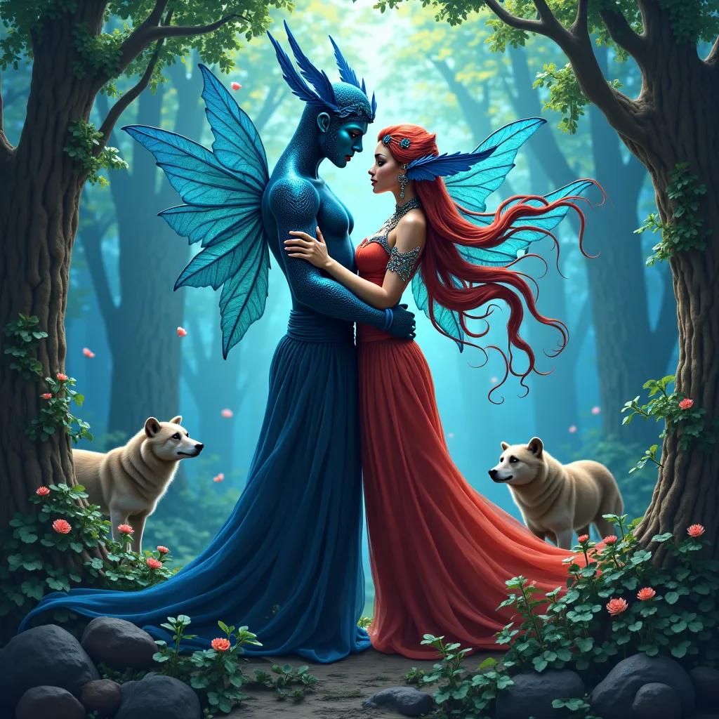 Deux s'amoureux djinns bleues sexy  un homme    et une femme   avec une robe rouge de génie    avec un loup et un ours dans une ...