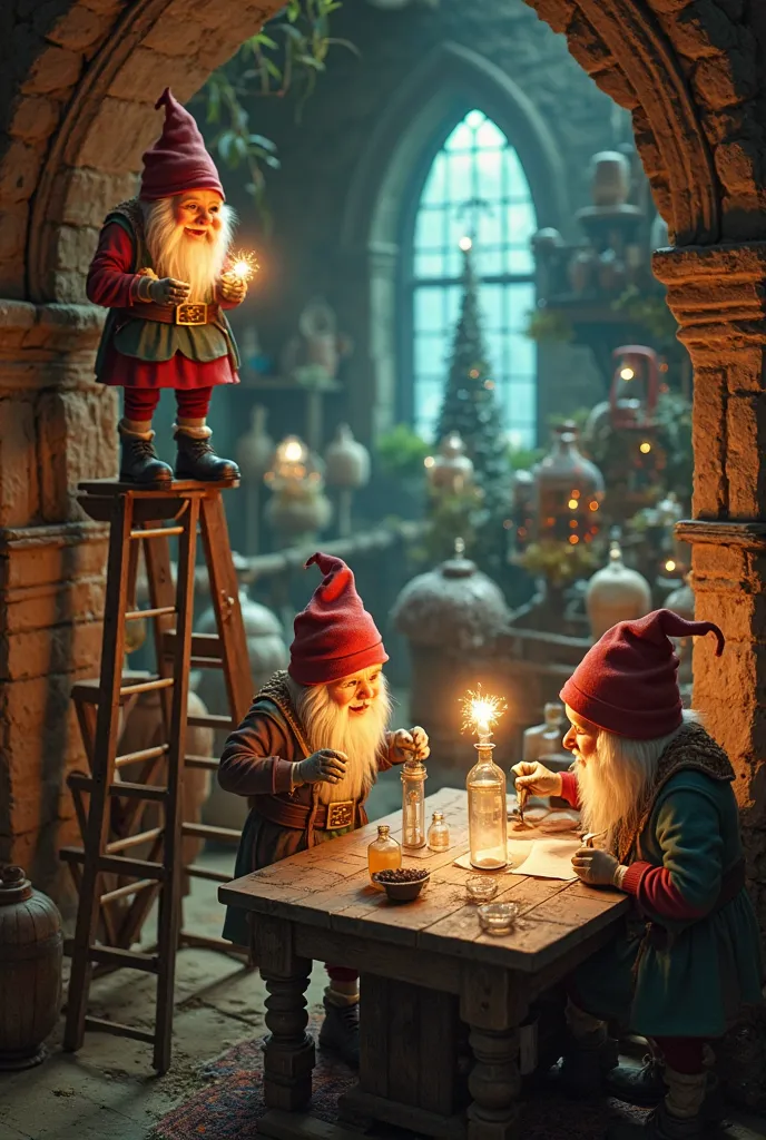 We move on to a very small laboratory, with dwarfs wearing an elegant classic costume (fest, shorts, small hats), they work with...