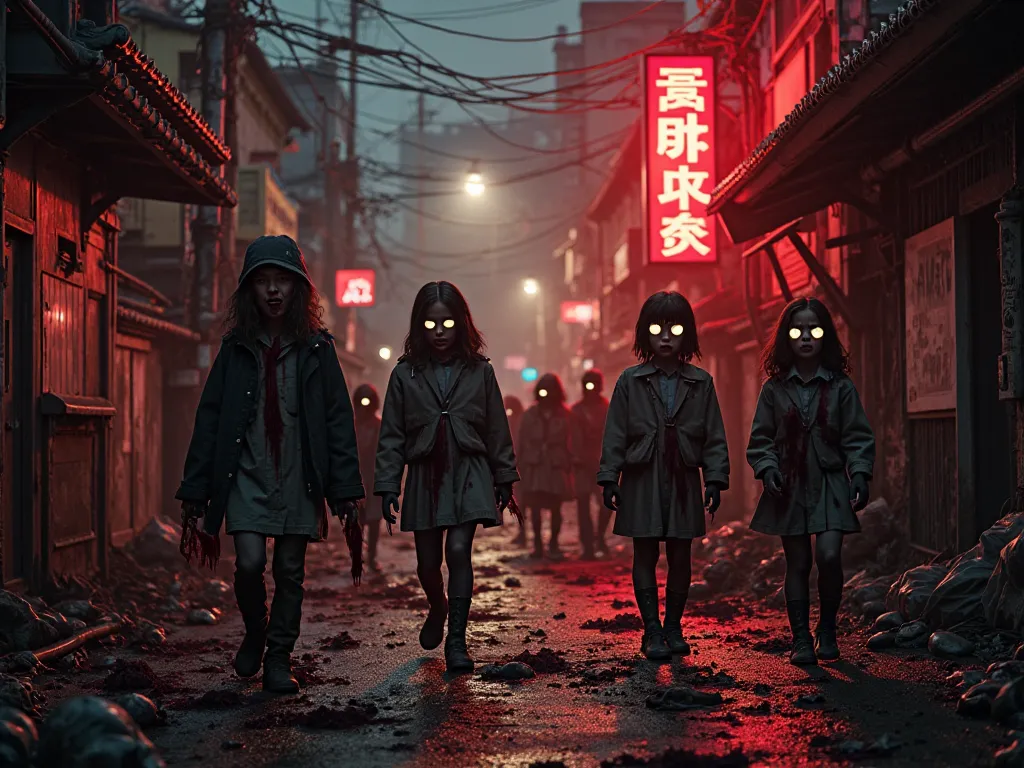 A dark and decadent street in Japan, set on a disturbing night in the year 2025. The scene is invaded by citizens transformed in...