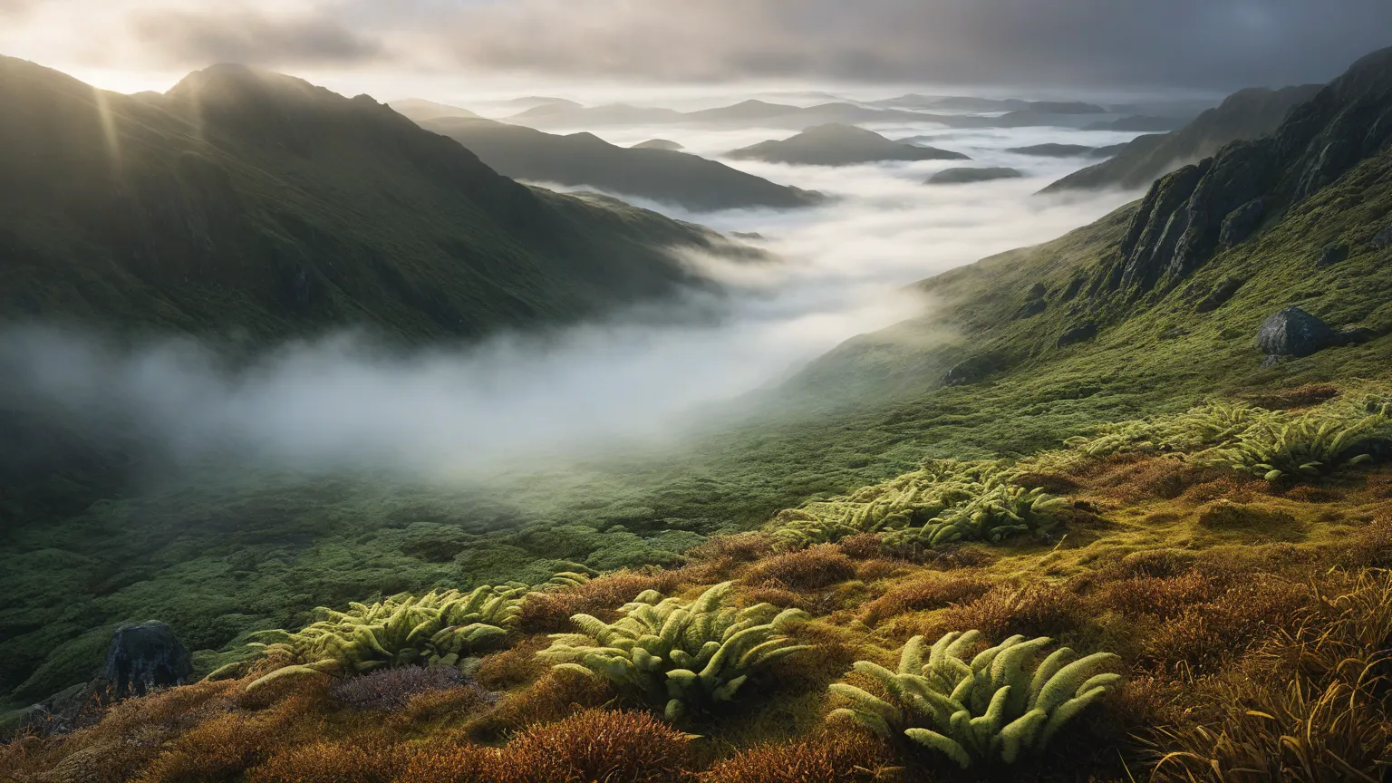 Ancient glacial valley blanketed in lichen, ferns, and fog-shrouded ridges, morning in coastal highlands, glowing filtered light...
