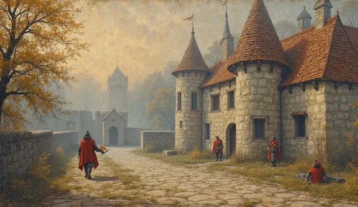 "Knight returning to misty castle courtyard at dawn, squire offering half-eaten biscuit, dew on thatched roofs, sleepy guards st...