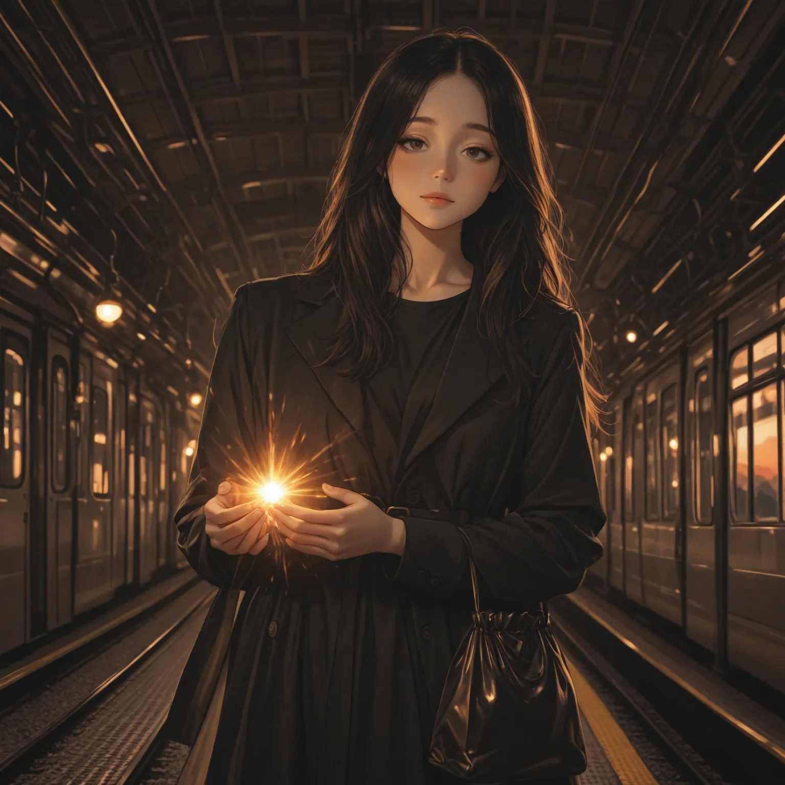 A young woman with long dark hair stands alone on a quiet train platform at sunset. She gazes softly into the distance, holding ...