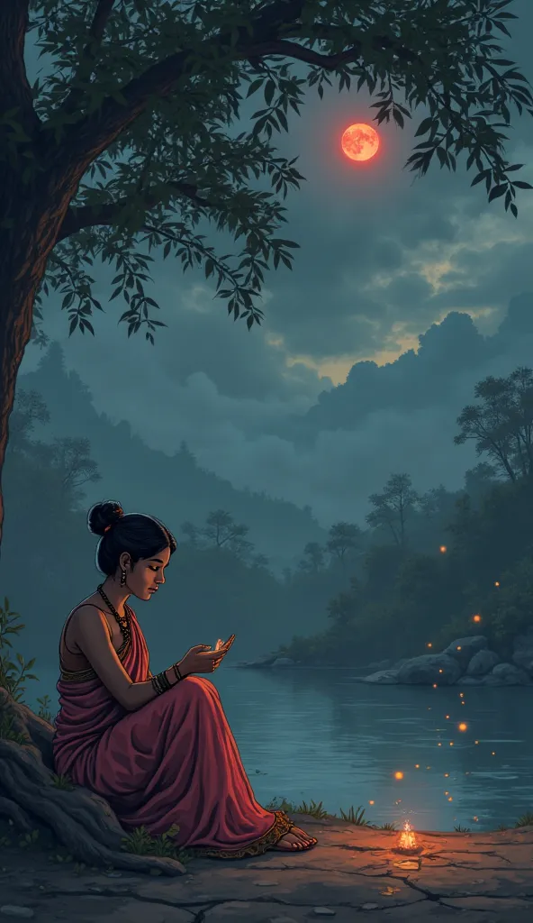 "A sorrowful South Indian woman in her mid-20s wearing a faded traditional saree, sitting alone under a peepal tree near an old ...