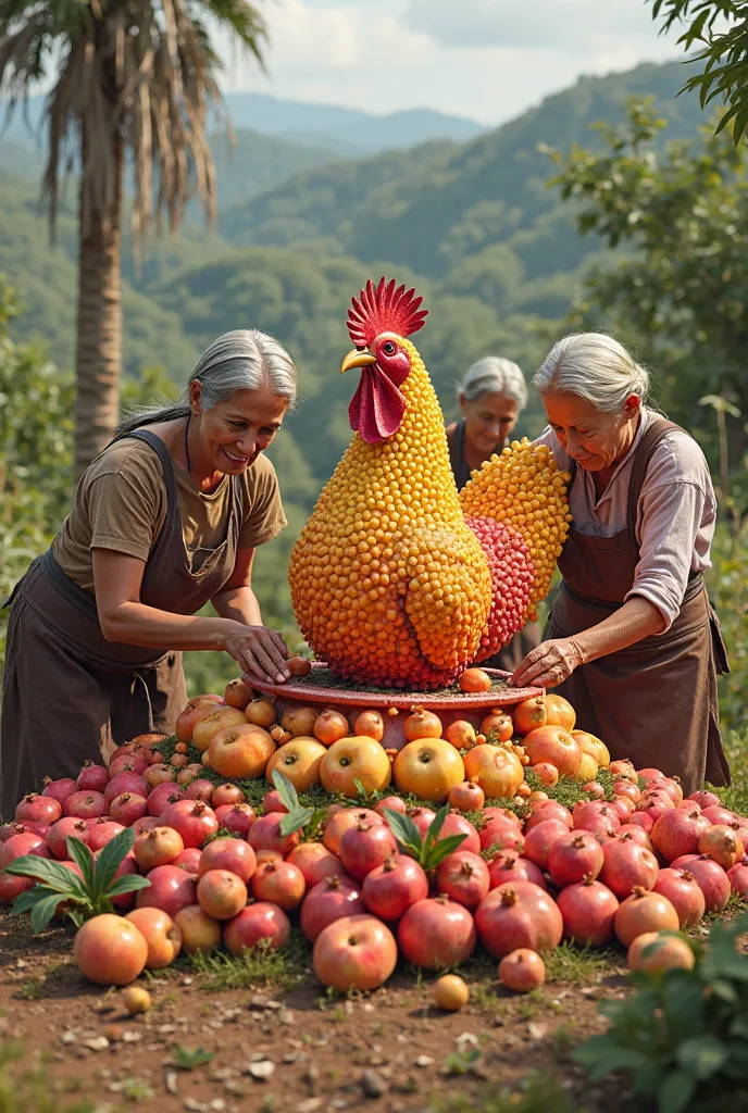 9. "Rural women arranging colorful fruits around a rooster made of pomegranates and peaches, in a farmland backdrop."