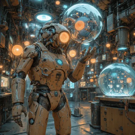 A robot is standing in a room with a fish tank,The robot is the head of a glass dome,I can see a glowing vacuum tube in my head,...
