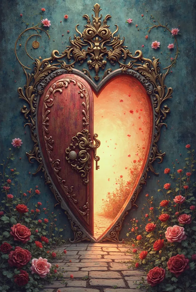 Create a music cover , with an open door in a heart and a key