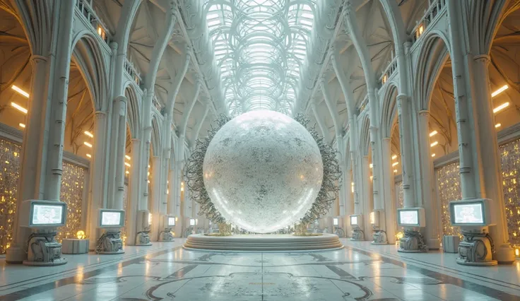 Urbanized interior. High, gigantic ceiling, temple-palace architecture. Cybernetic data center. The central part is a spherical ...