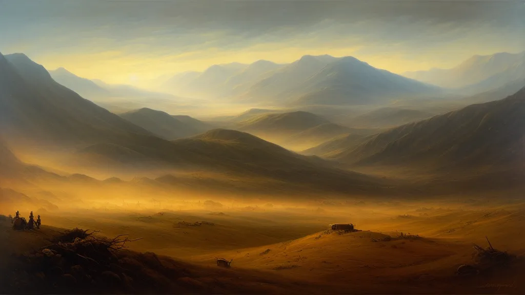 A battlefield with no soldiers, only dark shadows fighting in the mist – metaphor for inner wars. Atmospheric, oil-on-canvas sty...