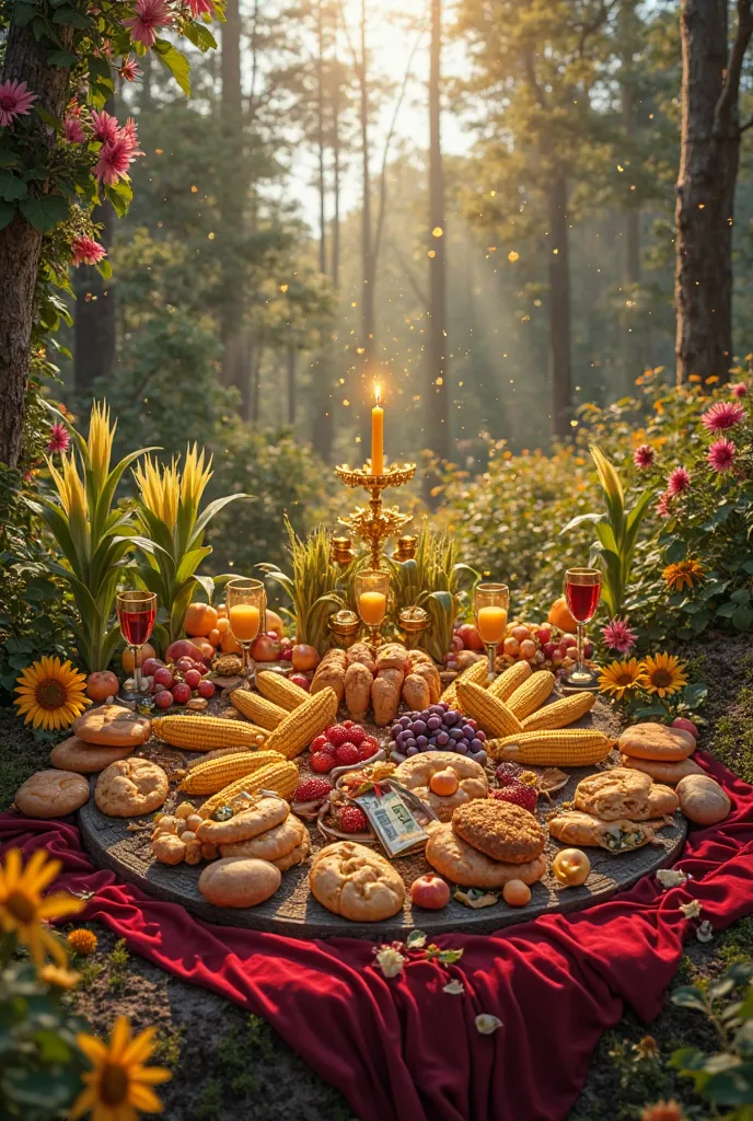 A hyper-realistic, ultra-high-definition image of a ritual offering of abundance and prosperity, placed in a sun-drenched enchan...